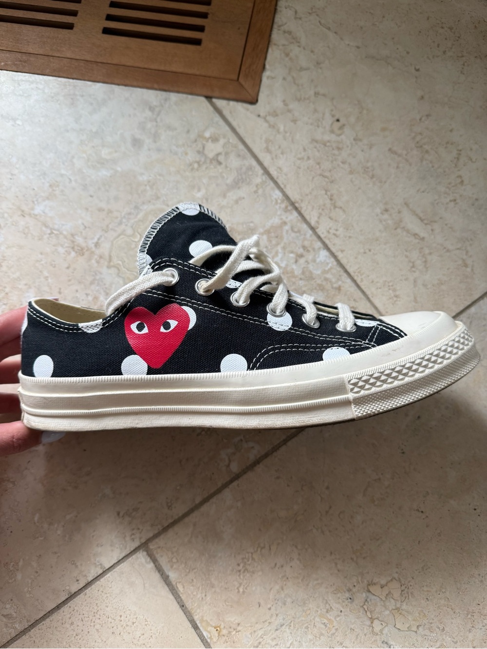 Black Polka Dot Canvas Sneakers with Red Heart Accent